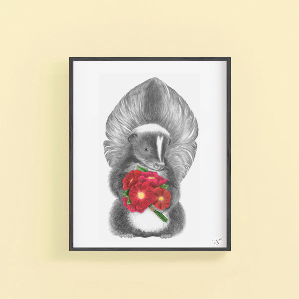 Hand-drawn pencil illustration of Scruffles Wigglebottom Skunk, Central & Gus 8x10 art print on 318gsm cotton paper in protective cello
