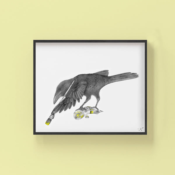 Hand-drawn pencil illustration of Aurora Belle Raven, Central & Gus 8x10 art print on 318gsm cotton paper in protective cello