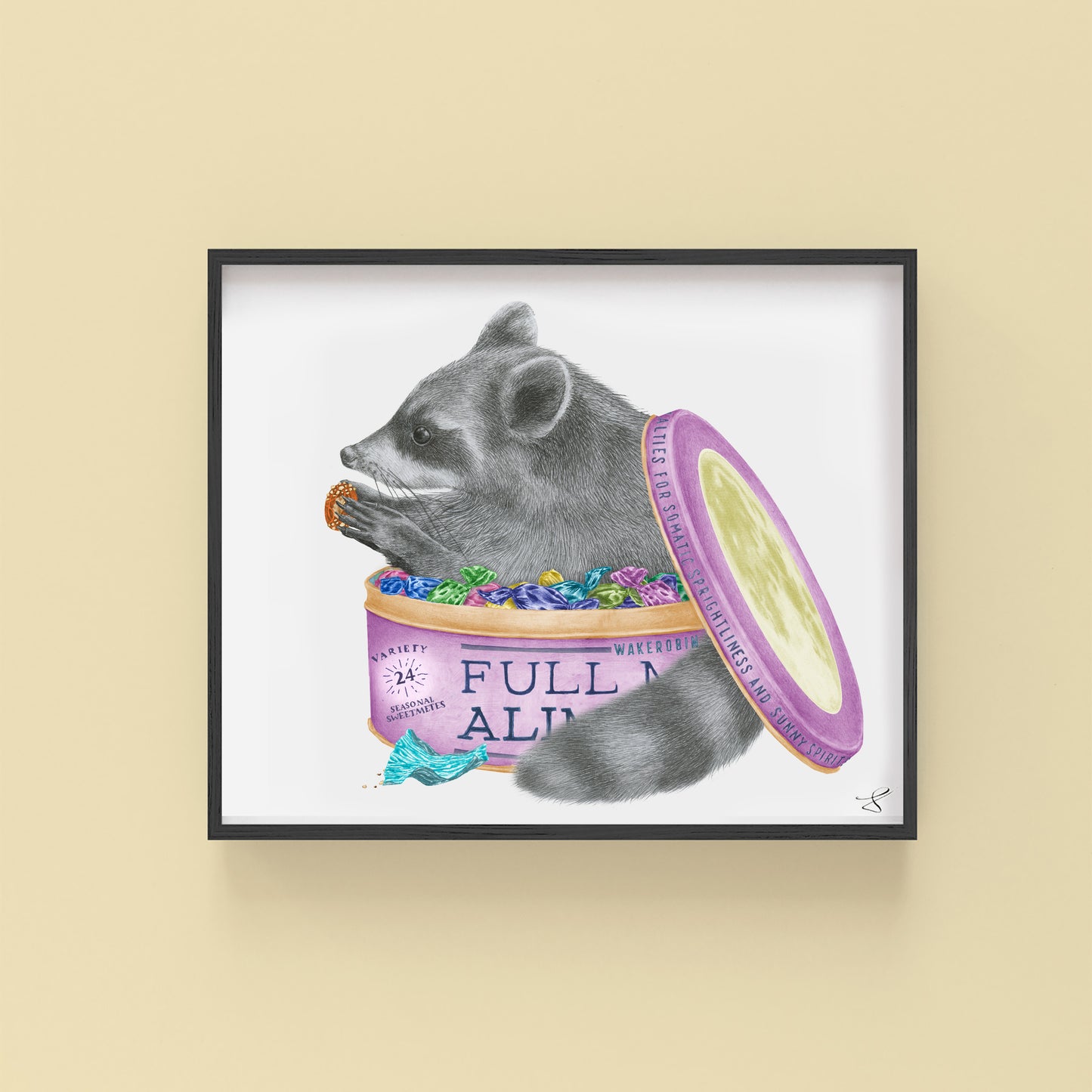 Hand-drawn pencil illustration of Fifito Thursday Raccoon, Central & Gus 8x10 art print on 318gsm cotton paper in protective cello