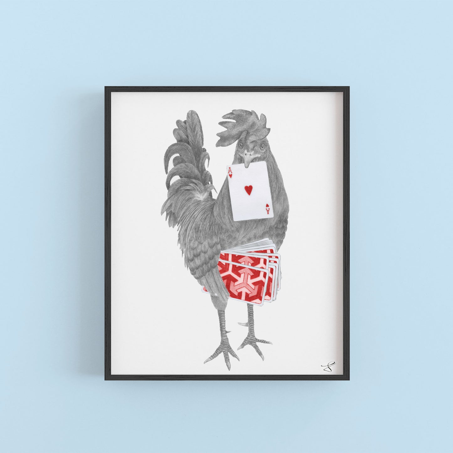 Hand-drawn pencil illustration of Petey Duval Key West Gypsy Rooster, Central & Gus 8x10 art print on 318gsm cotton paper in protective cello