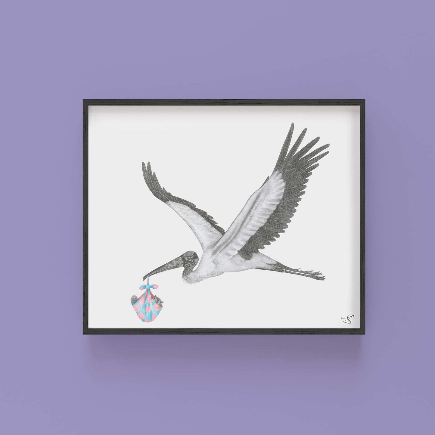 Hand-drawn pencil illustration of Llewellyn Caradoc Wood Stork, Central & Gus 8x10 art print on 318gsm cotton paper in protective cello