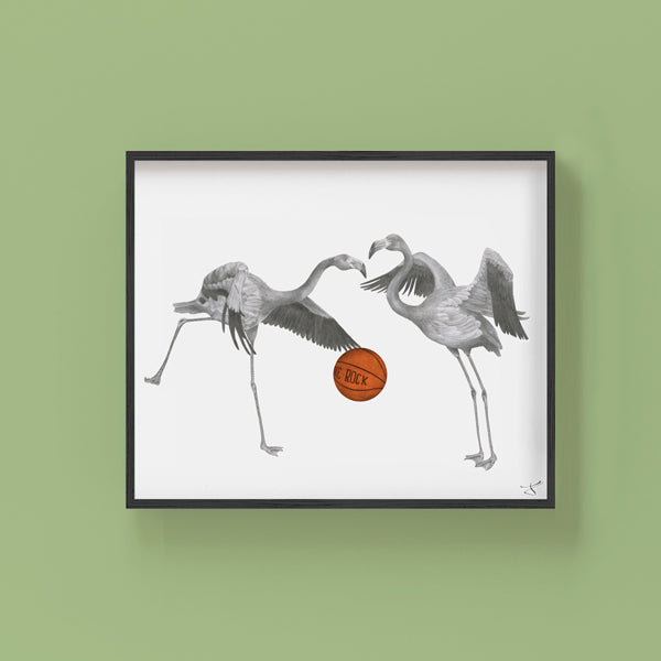 Hand-drawn pencil illustration of Iggy & Mags Hermano American Flamingo, Central & Gus 8x10 art print on 318gsm cotton paper in protective cello