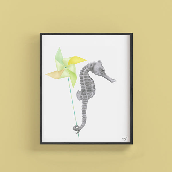 Hand-drawn pencil illustration of Gambol Azimuth Long Snout Seahorse, Central & Gus 8x10 art print on 318gsm cotton paper in protective cello