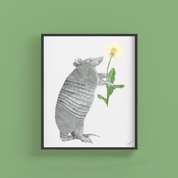 Hand-drawn pencil illustration of Tuck Sawgrass Nine Band Armadillo, Central & Gus 8x10 art print on 318gsm cotton paper in protective cello