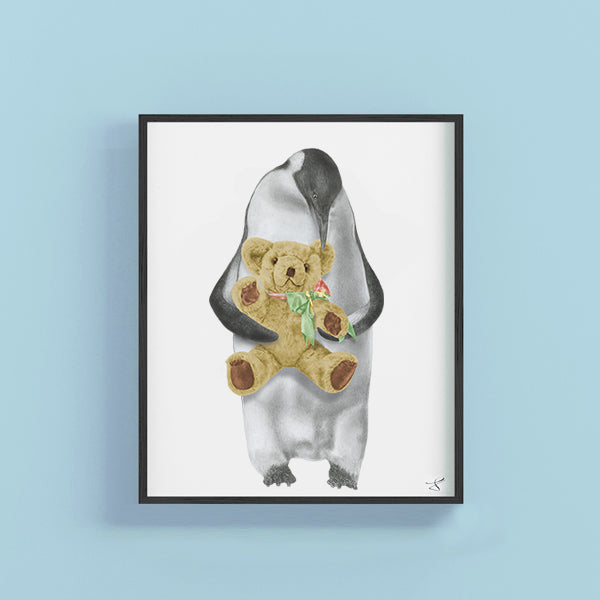 Hand-drawn pencil illustration of Puck Louy Emperor Penguin, Central & Gus 8x10 art print on 318gsm cotton paper in protective cello