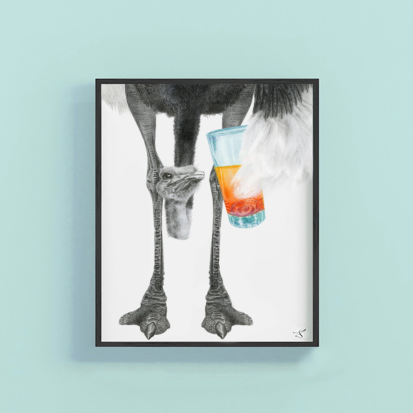 Hand-drawn pencil illustration of Edgar Neighne Ostrich, Central & Gus 8x10 art print on 318gsm cotton paper in protective cello