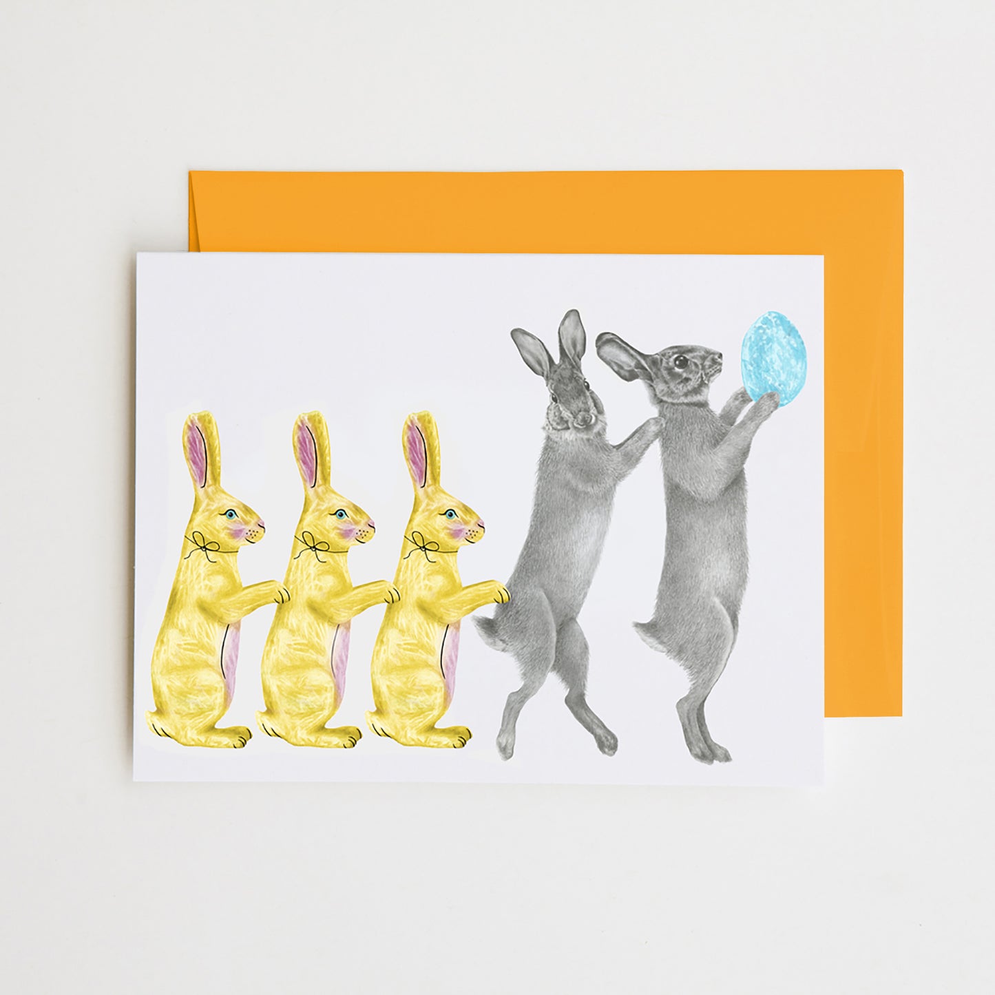 Hand-drawn pencil illustration of Bailey & Sapphin Wicklow Cottontail Rabbit, Central & Gus A6 note card on cotton paper with goldenrod envelope