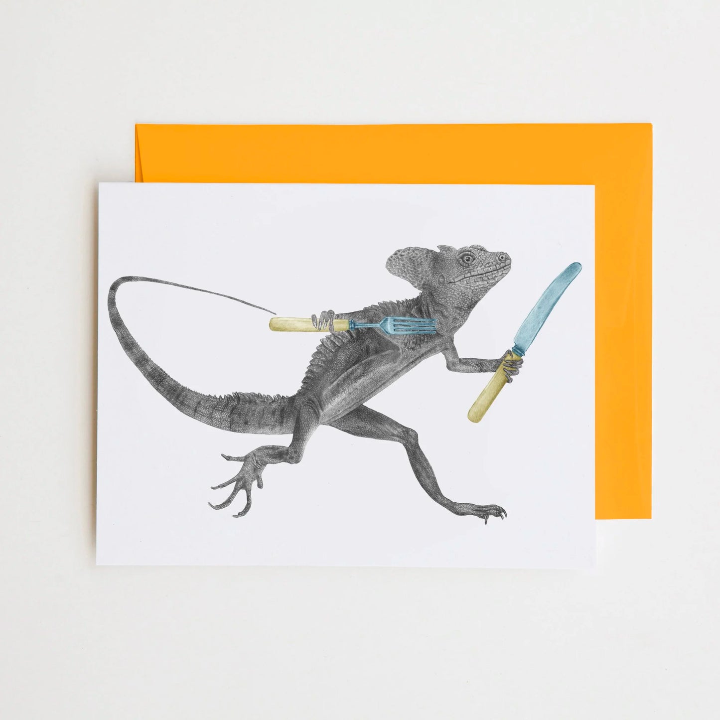 Hand-drawn pencil illustration of Campbell Croft Basilisk Lizard, Central & Gus A6 note card on cotton paper with goldenrod envelope
