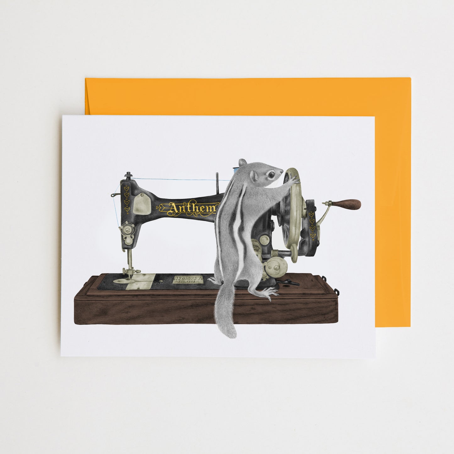 Hand-drawn pencil illustration of Charlotte Livingston Eastern Chipmunk, Central & Gus A6 note card on cotton paper with goldenrod envelope