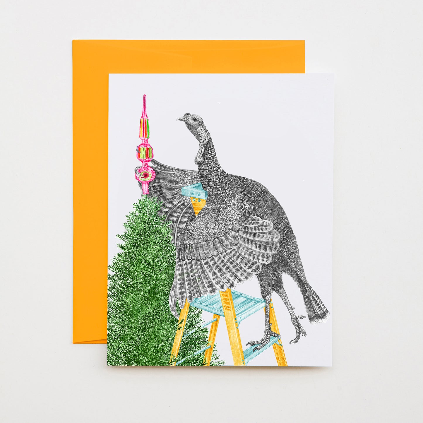 Hand-drawn pencil illustration of Clifford Taw Turkey, Central & Gus A6 note card on cotton paper with goldenrod envelope
