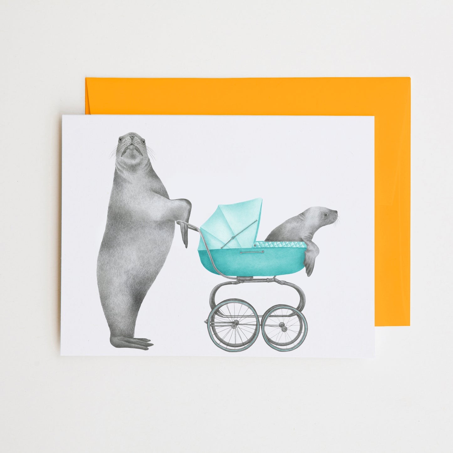 Hand-drawn pencil illustration of Easton & Mino Scarborough Steller Sea Lion, Central & Gus A6 note card on cotton paper with goldenrod envelope