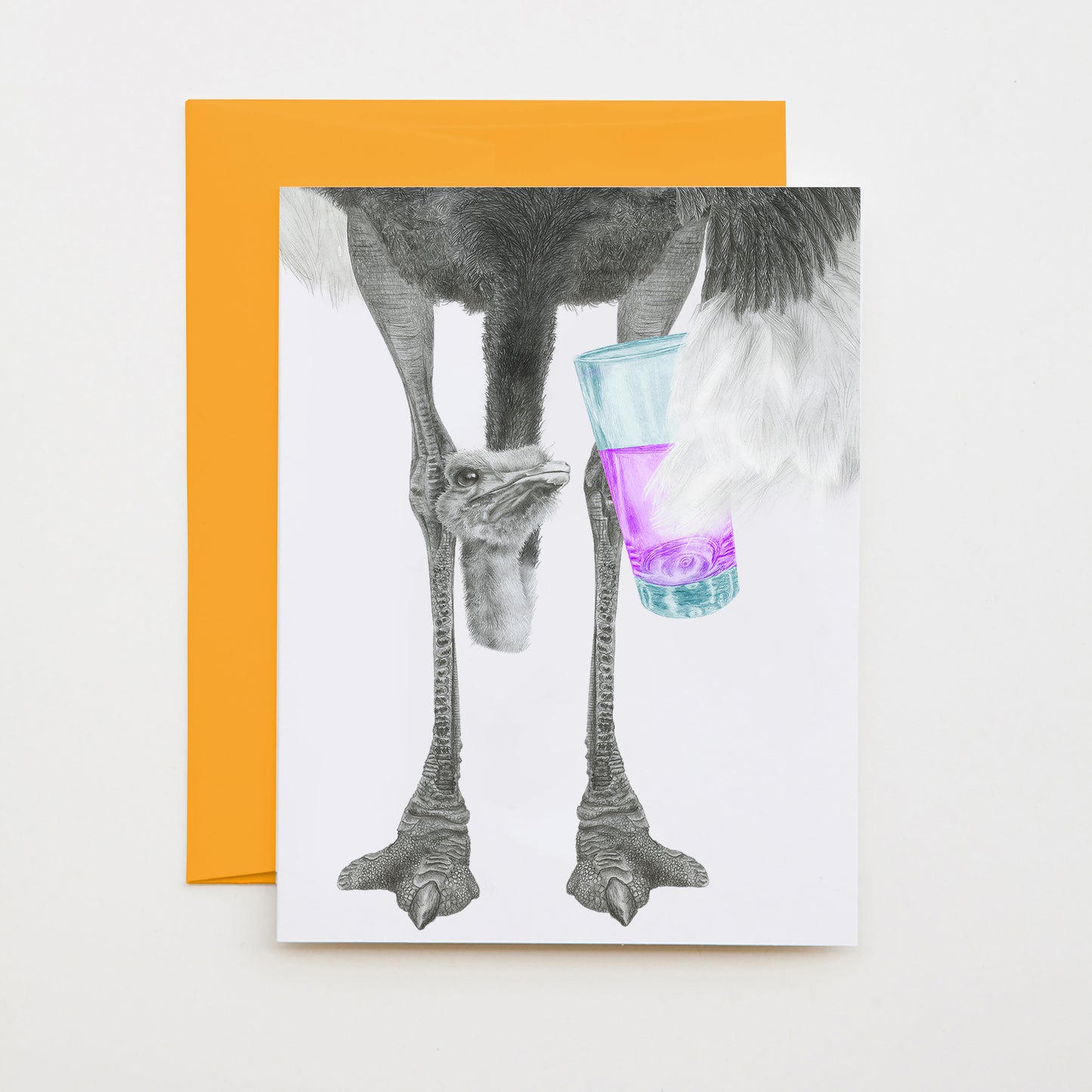 Hand-drawn pencil illustration of Edgar Neighne Ostrich, Central & Gus A6 note card on cotton paper with goldenrod envelope