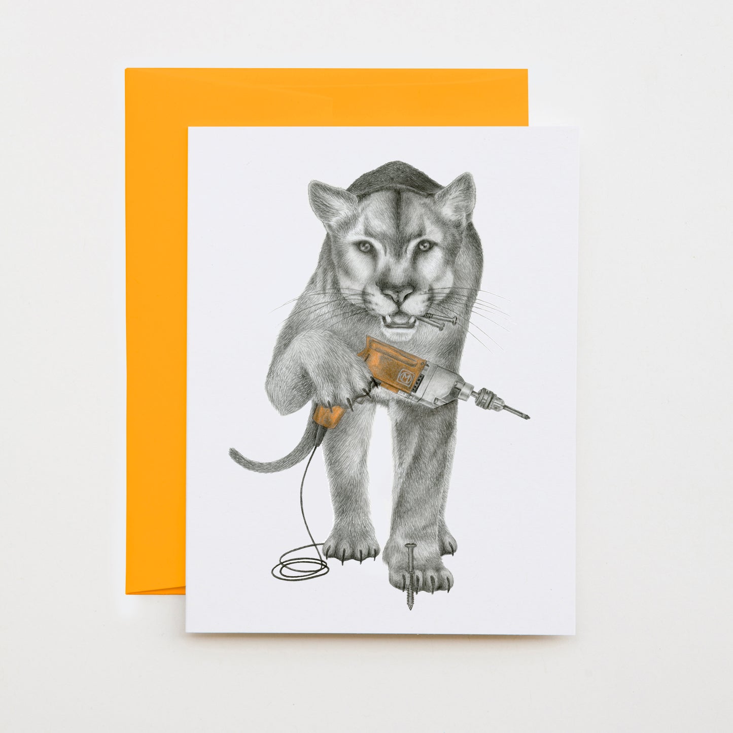 Hand-drawn pencil illustration of Fin Laramie Florida Panther, Central & Gus A6 note card on cotton paper with goldenrod envelope