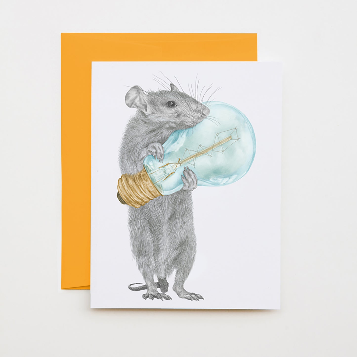 Hand-drawn pencil illustration of Griffith Sucrecoeur Rat, Central & Gus A6 note card on cotton paper with goldenrod envelope
