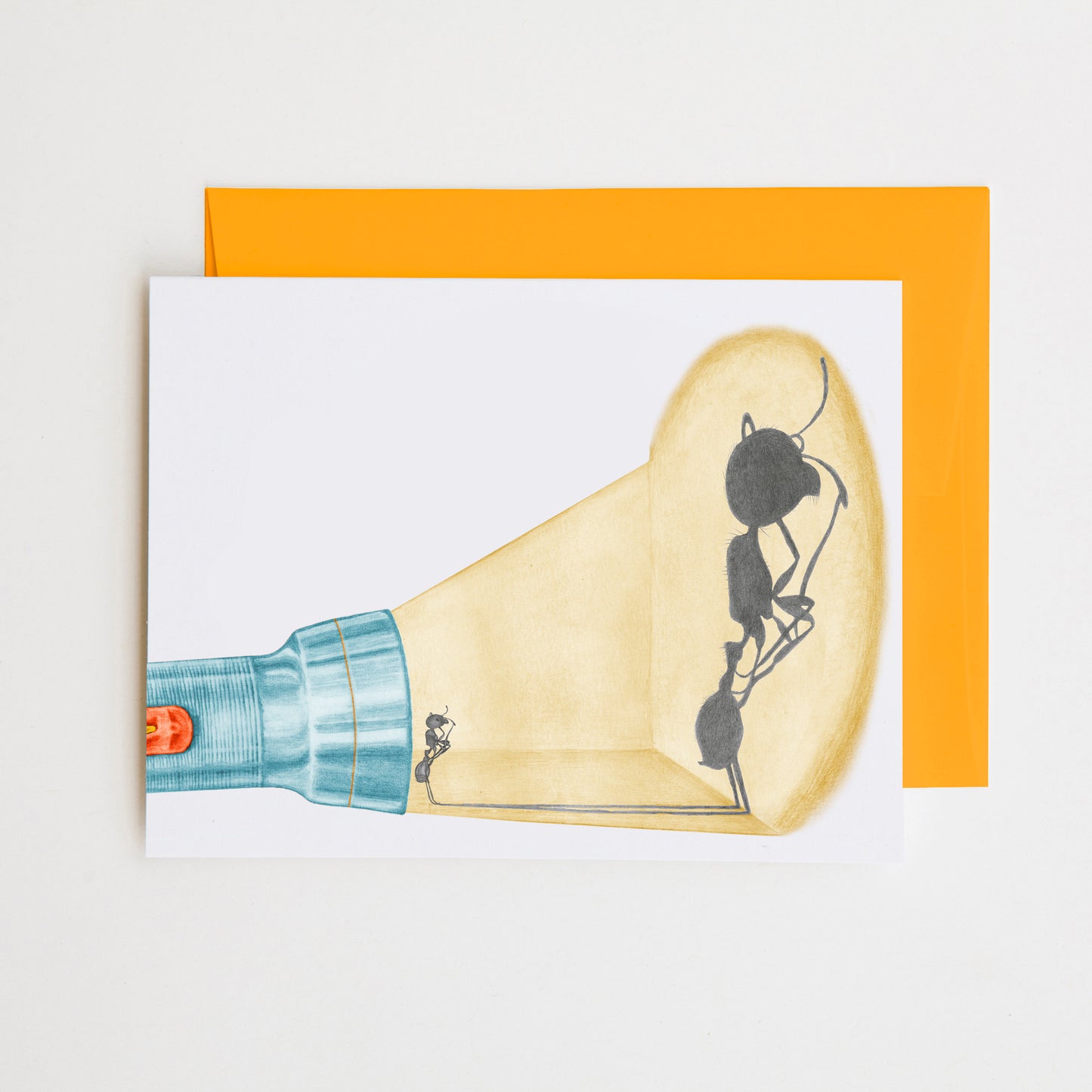 Hand-drawn pencil illustration of Hugo Moonshot Florida Harvester Ant, Central & Gus A6 note card on cotton paper with goldenrod envelope