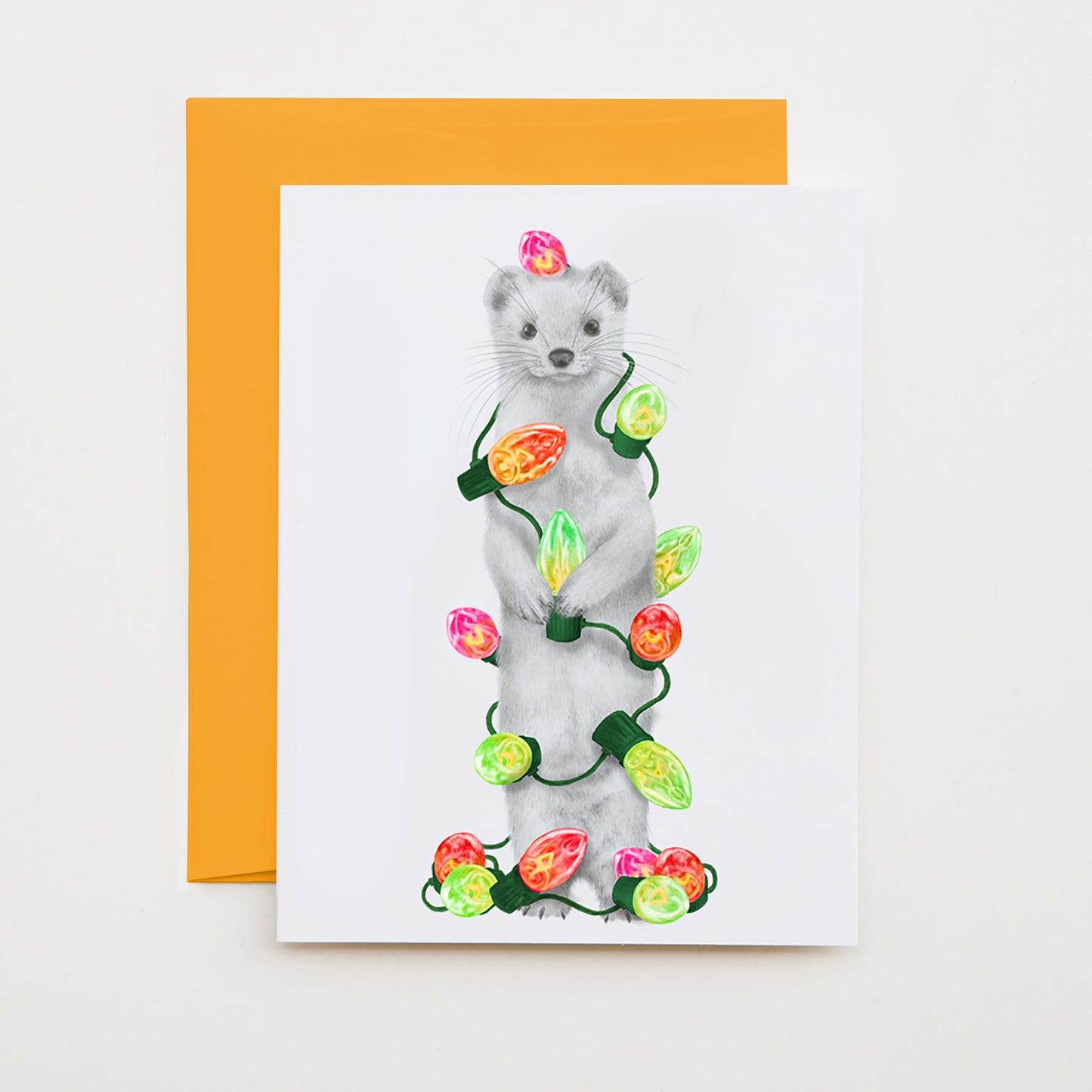 Hand-drawn pencil illustration of Jubilee de le Champs Ermine, Central & Gus A6 note card on cotton paper with goldenrod envelope