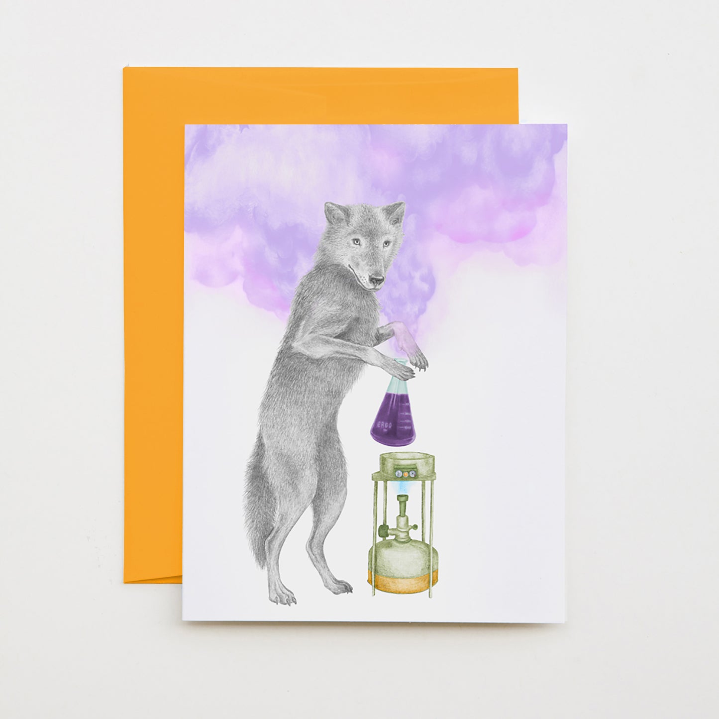 Hand-drawn pencil illustration of Luna Sage Eastern Timber Wolf, Central & Gus A6 note card on cotton paper with goldenrod envelope