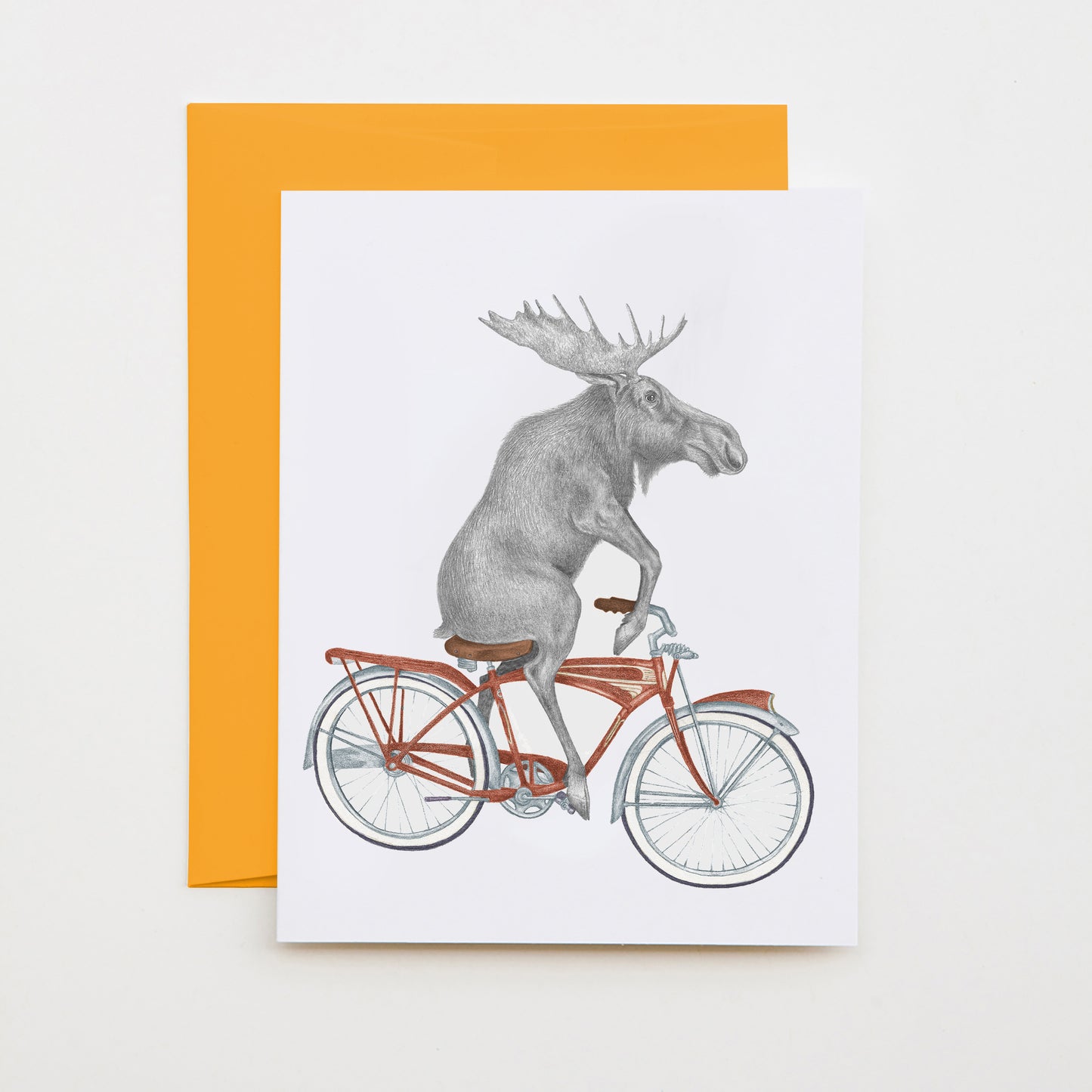 Hand-drawn pencil illustration of Murray Maynooth Moose, Central & Gus A6 note card on cotton paper with goldenrod envelope