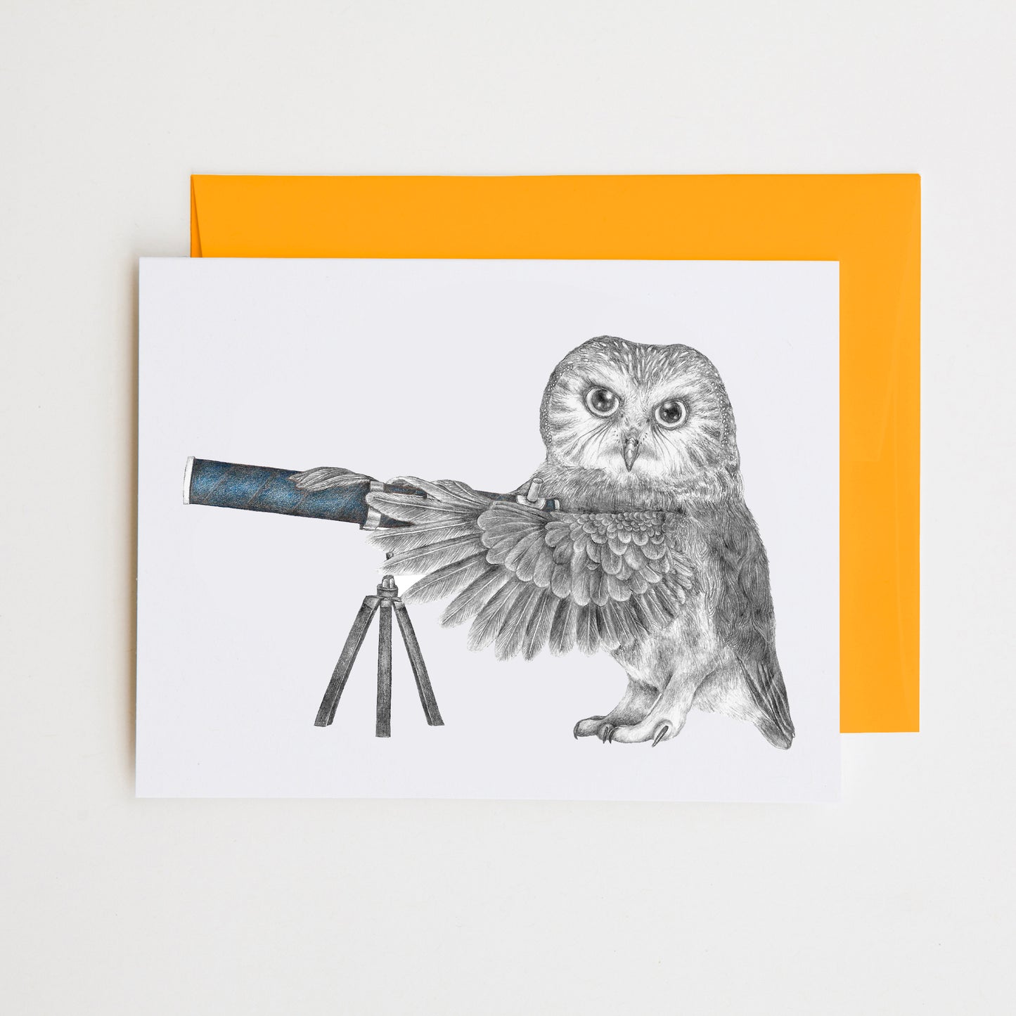 Hand-drawn pencil illustration of Pearl Papineau Saw Whet Owl, Central & Gus A6 note card on cotton paper with goldenrod envelope