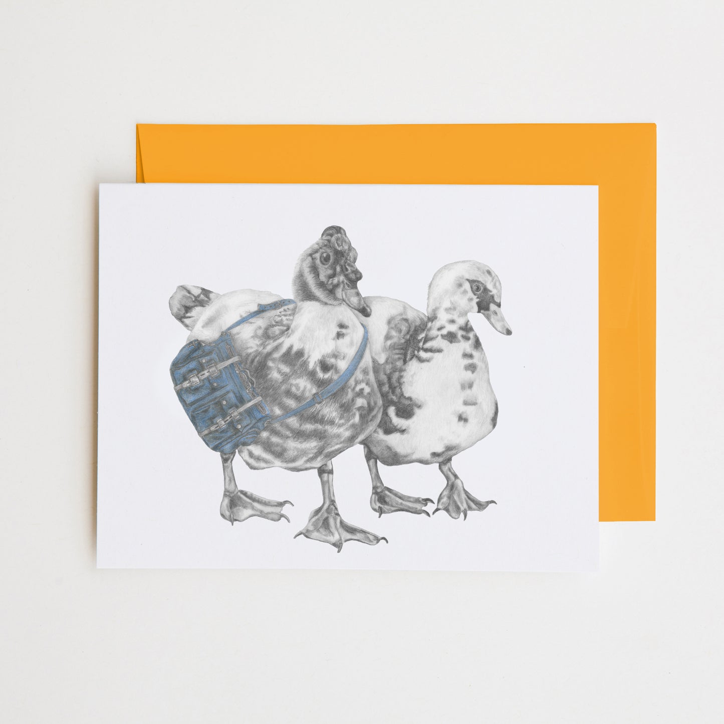 Hand-drawn pencil illustration of Pepe & Rory Peterborough Muscovy Duck, Central & Gus A6 note card on cotton paper with goldenrod envelope