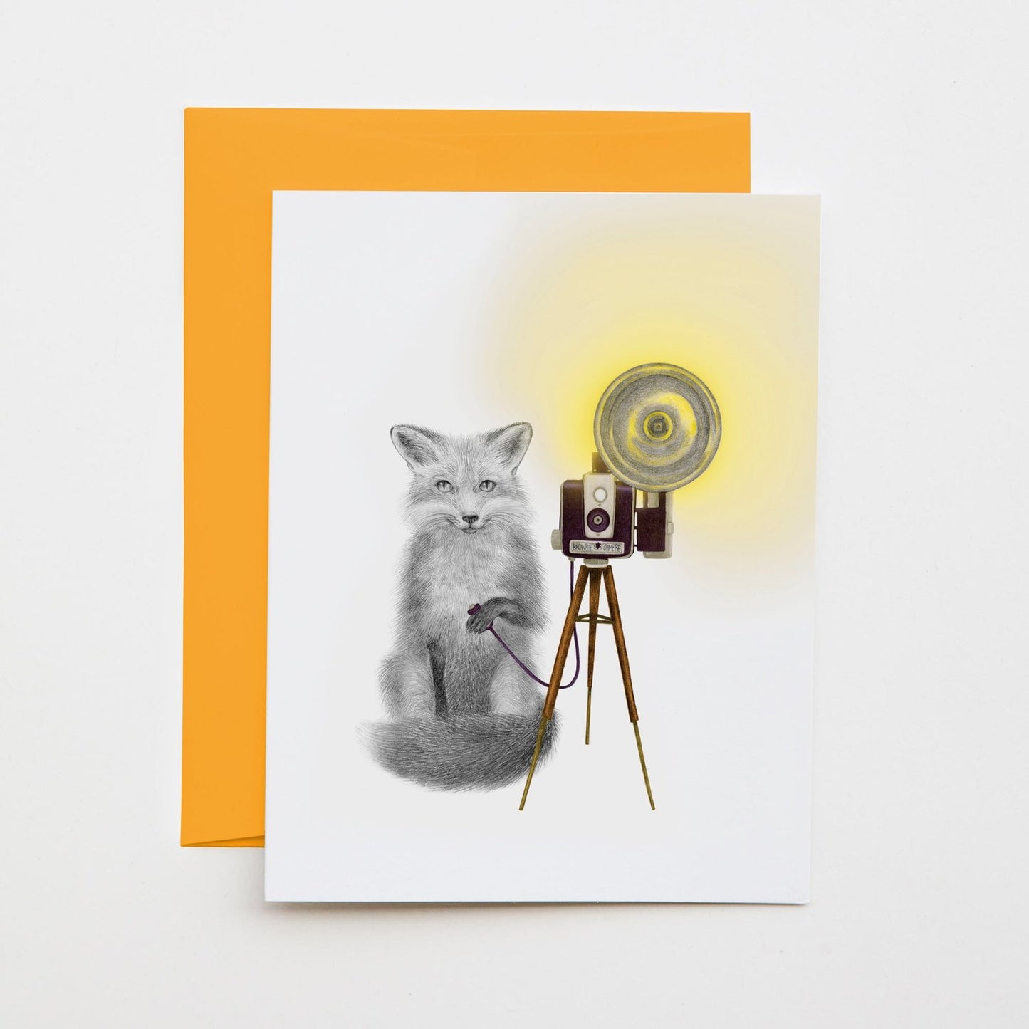 Hand-drawn pencil illustration of Quinn Bancroft Red Fox, Central & Gus jumbo cameo note card on cotton paper with goldenrod envelope