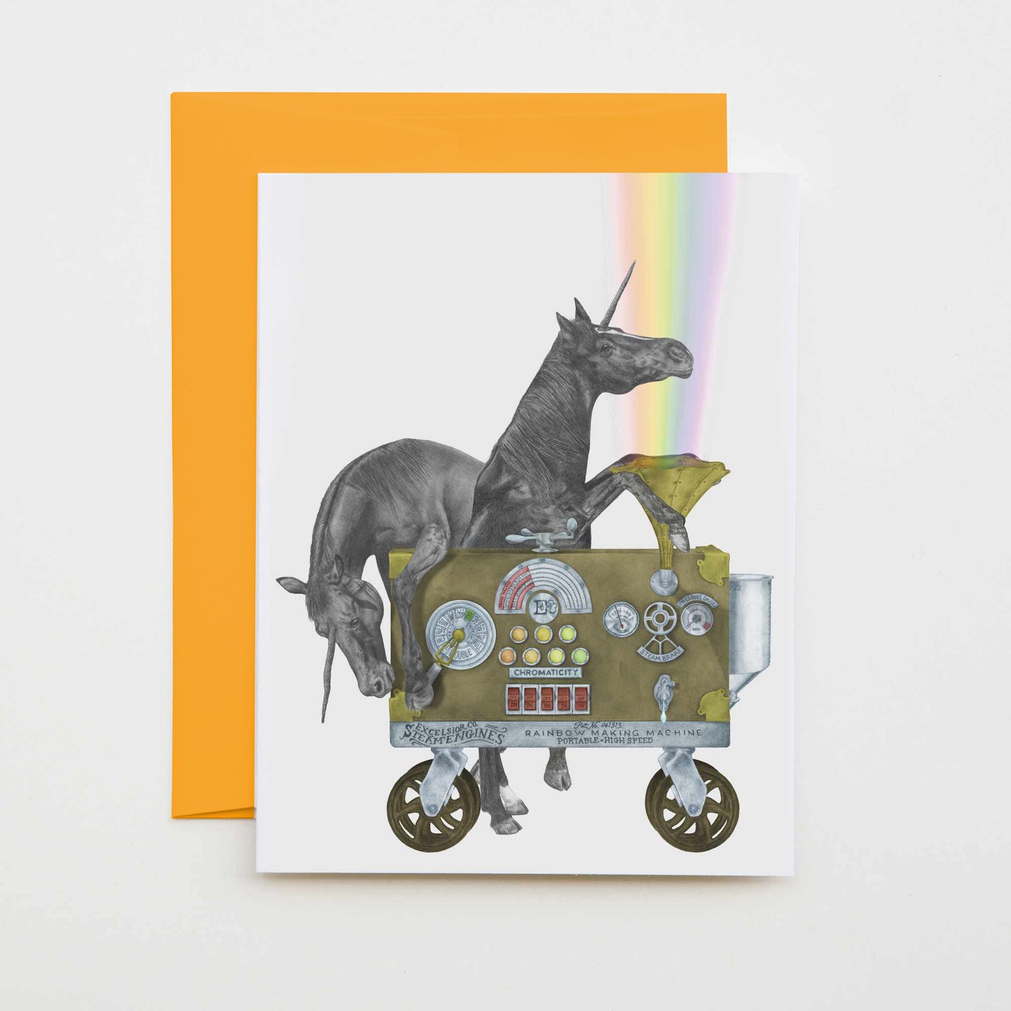 Hand-drawn pencil illustration of Ruby Jezebel & Jackpot Flame Unicorn, Central & Gus A6 note card on cotton paper with goldenrod envelope