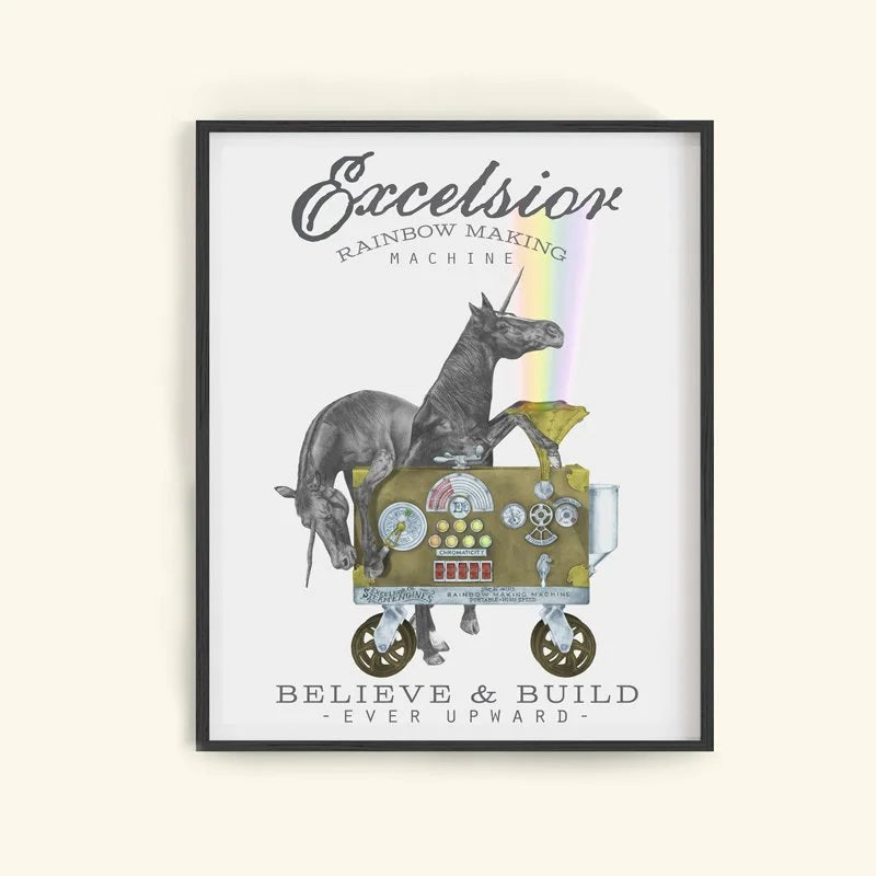 Hand-drawn pencil illustration of Ruby Jezebel & Jackpot Flame Unicorn, Central & Gus motivational poster on cotton paper, ships in mailing tube