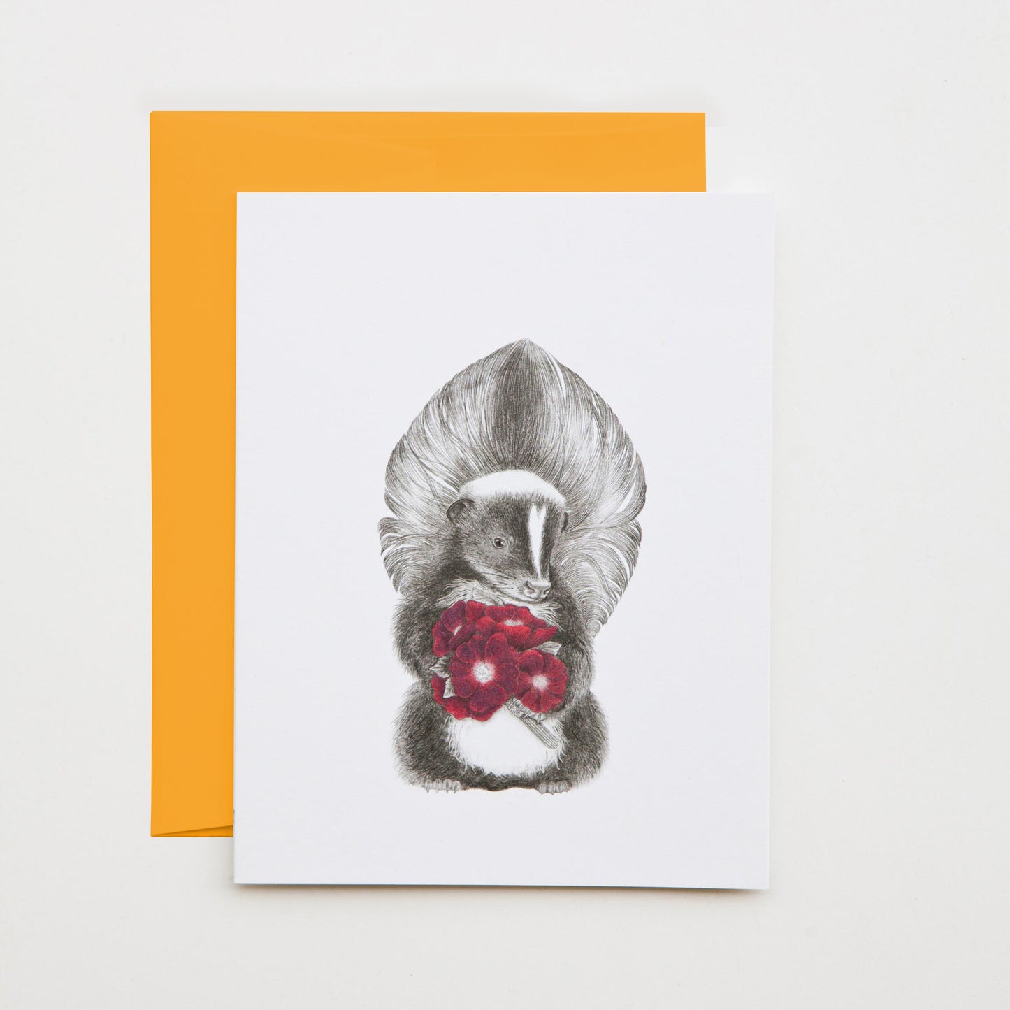 Hand-drawn pencil illustration of Scruffles Wigglebottom Skunk, Central & Gus A6 note card on cotton paper with goldenrod envelope