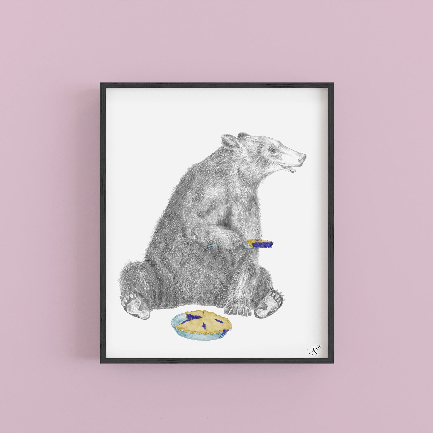 Hand-drawn pencil illustration of Albert Finnegan Black Bear, Central & Gus 8x10 art print on 318gsm cotton paper in protective cello
