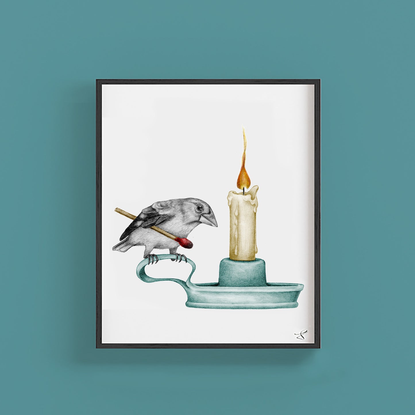 Hand-drawn pencil illustration of Thomasin Healing Evening Grosbeak, Central & Gus 8x10 art print on 318gsm cotton paper in protective cello