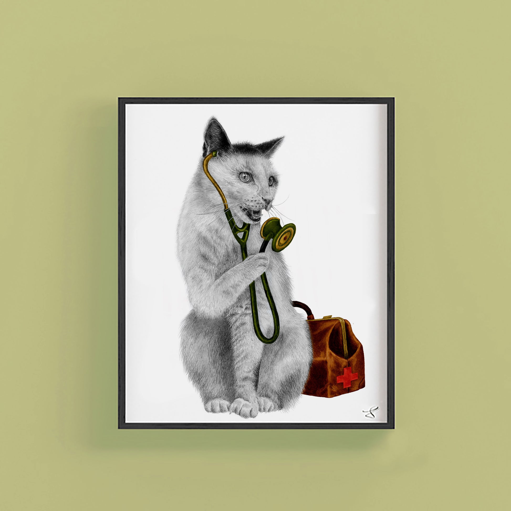 Hand-drawn pencil illustration of Tam Estavida Cat, Central & Gus 8x10 art print on 318gsm cotton paper in protective cello