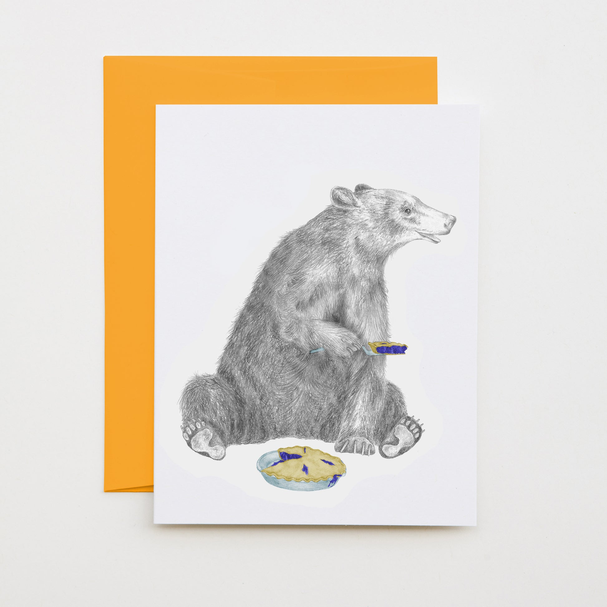Hand-drawn pencil illustration of Albert Finnegan Black Bear, Central & Gus A6 note card on cotton paper with goldenrod envelope