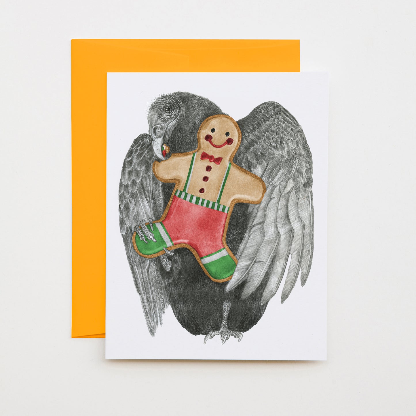 Hand-drawn pencil illustration of Barnaby Butters Turkey Vulture, Central & Gus A6 note card on cotton paper with goldenrod envelope