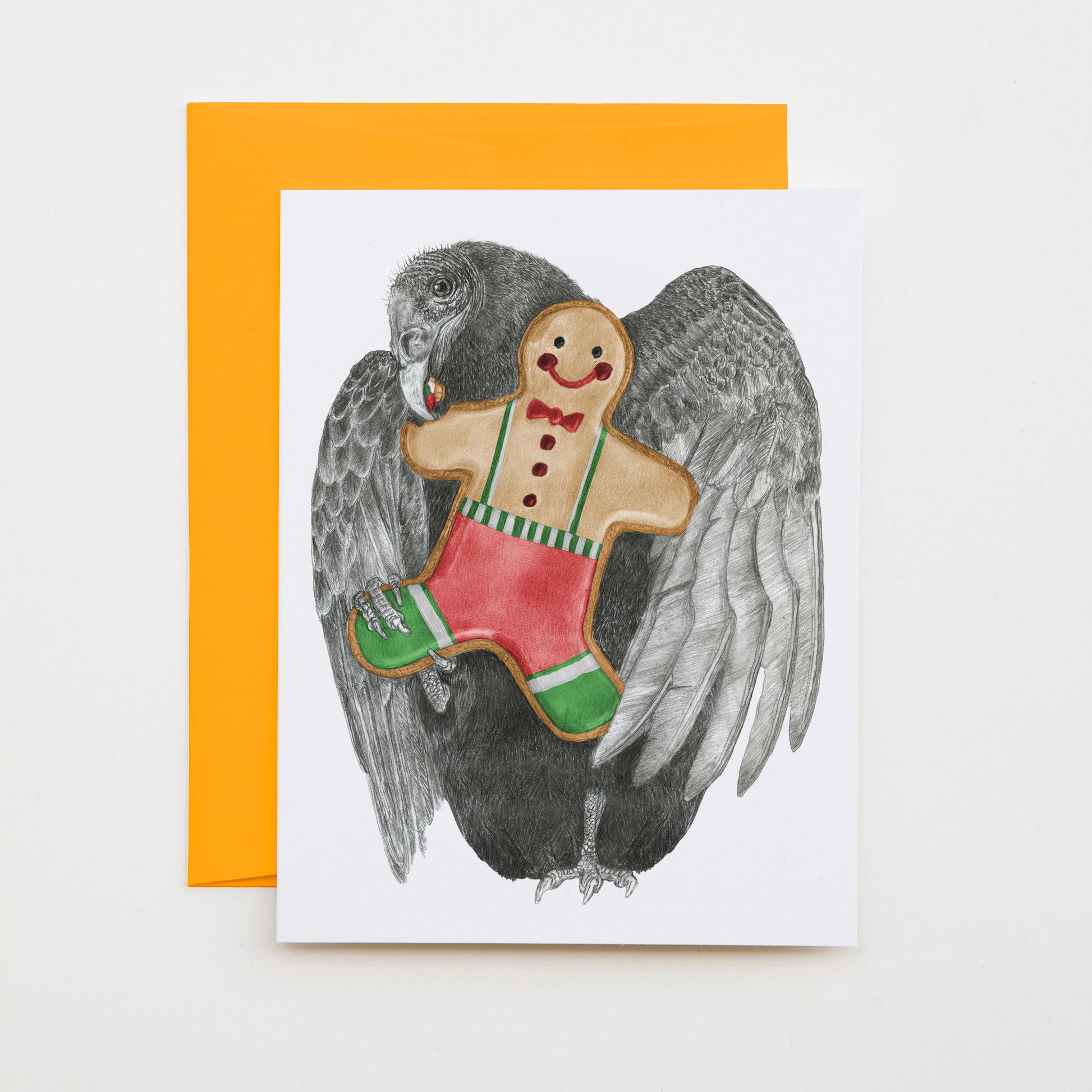 Hand-drawn pencil illustration of Barnaby Butters Turkey Vulture, Central & Gus A6 note card on cotton paper with goldenrod envelope