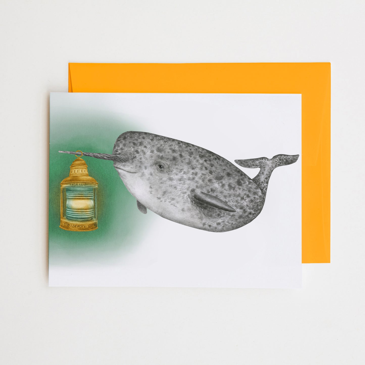 Hand-drawn pencil illustration of Bellisario Vieux Narwhal, Central & Gus A6 note card on cotton paper with goldenrod envelope