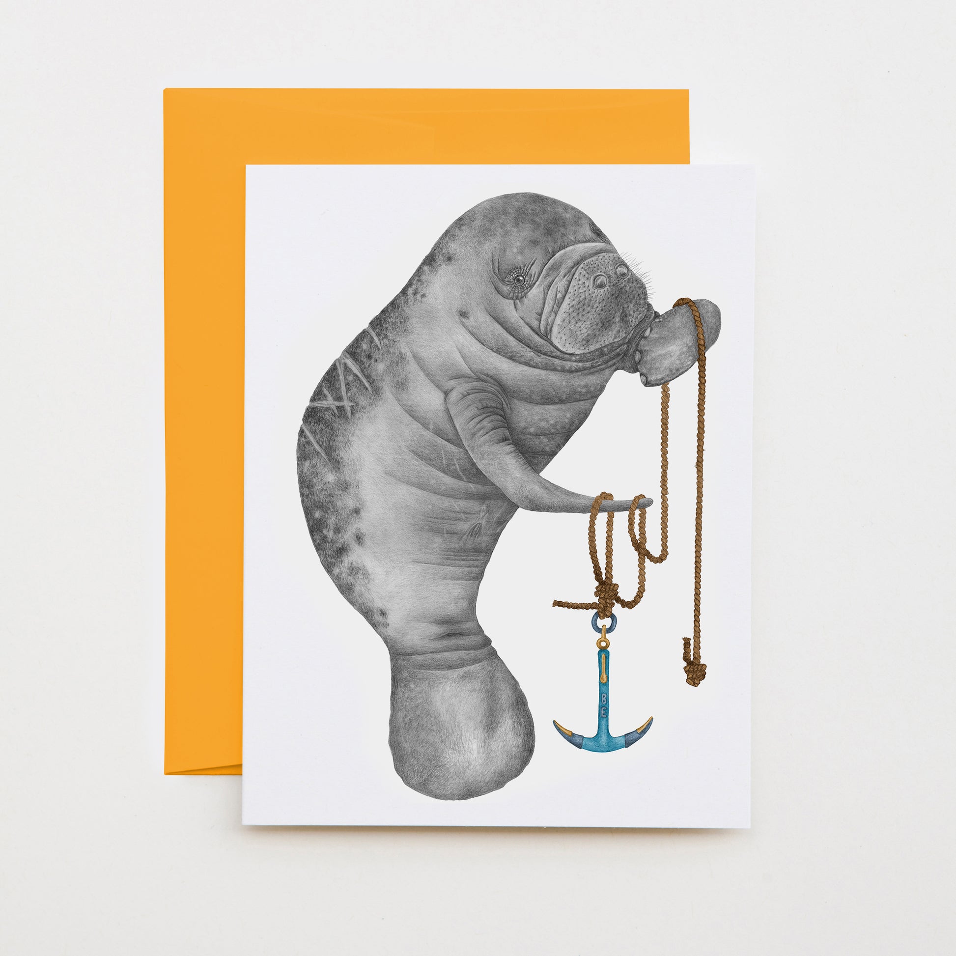 Hand-drawn pencil illustration of Bob Washago Manatee, Central & Gus A6 note card on cotton paper with goldenrod envelope