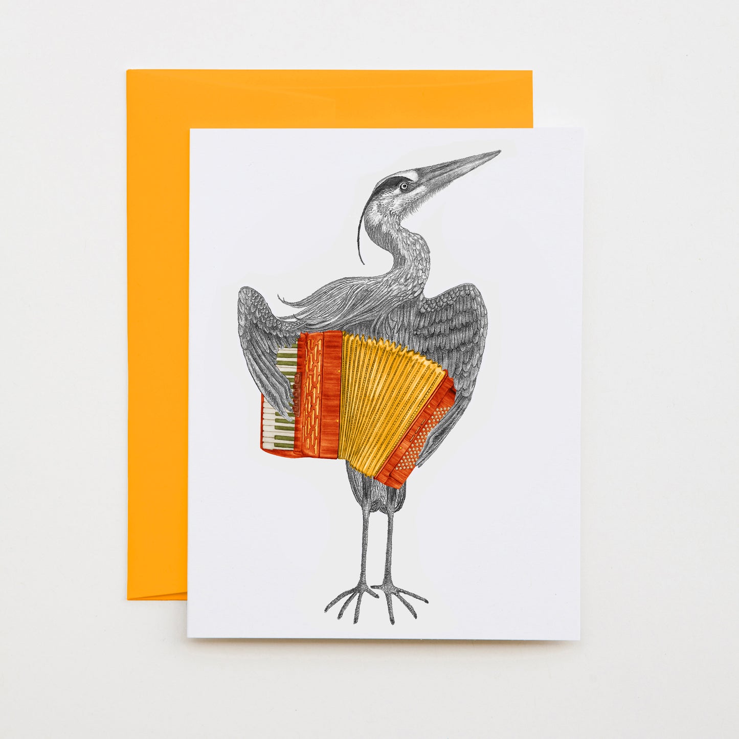 Hand-drawn pencil illustration of Bruce Balfour Great Blue Heron, Central & Gus A6 note card on cotton paper with goldenrod envelope
