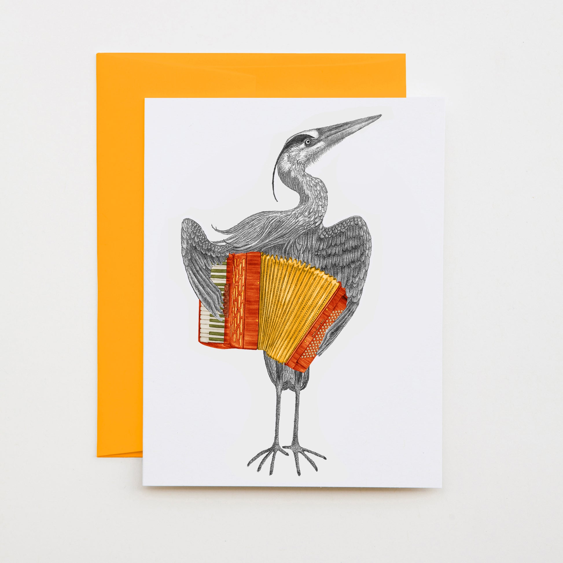 Hand-drawn pencil illustration of Bruce Balfour Great Blue Heron, Central & Gus A6 note card on cotton paper with goldenrod envelope
