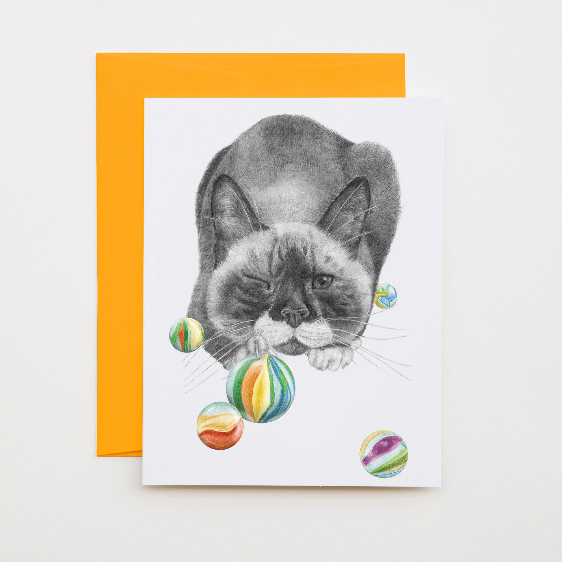 Hand-drawn pencil illustration of Brutus Bangor (Beekcake) Cat, Central & Gus A6 note card on cotton paper with goldenrod envelope