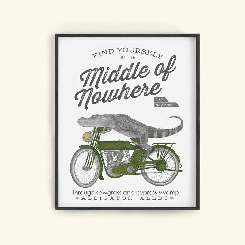 Hand-drawn pencil illustration of Charlie Bonaventure Alligator, Central & Gus motivational poster on cotton paper, ships in mailing tube