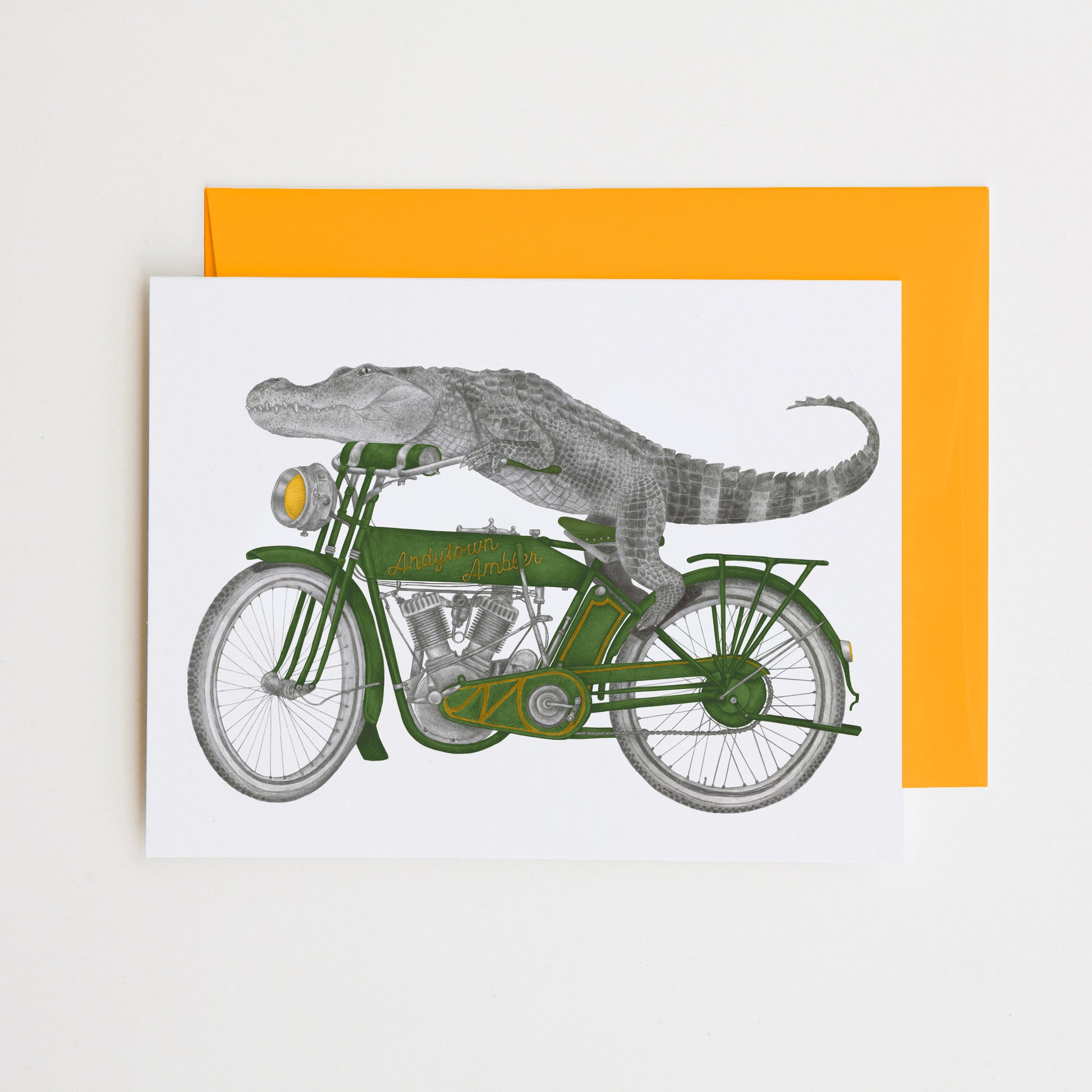 Hand-drawn pencil illustration of Charlie Bonaventure Alligator, Central & Gus A6 note card on cotton paper with goldenrod envelope