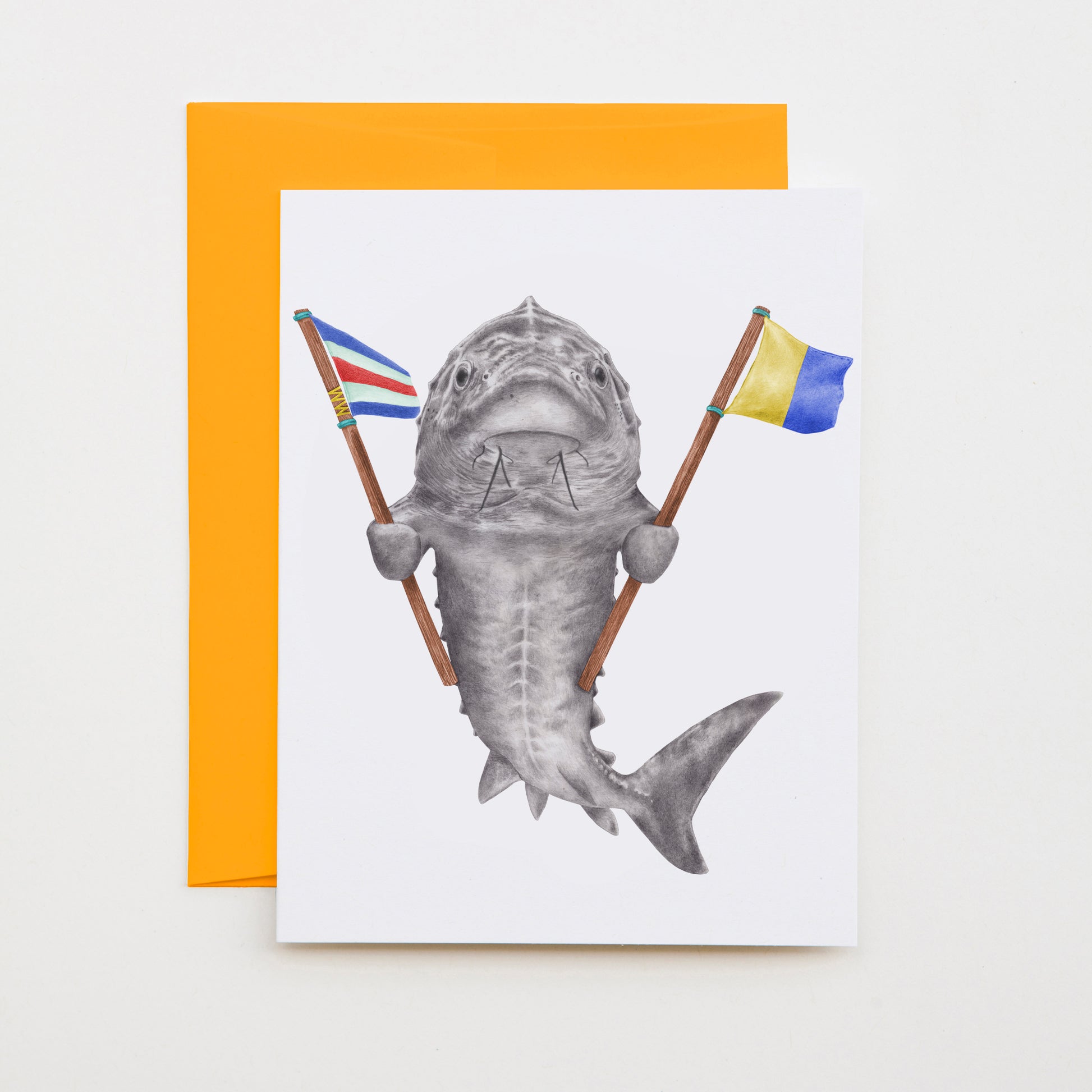 Hand-drawn pencil illustration of Cosmo Hoyt Sturgeon, Central & Gus A6 note card on cotton paper with goldenrod envelope