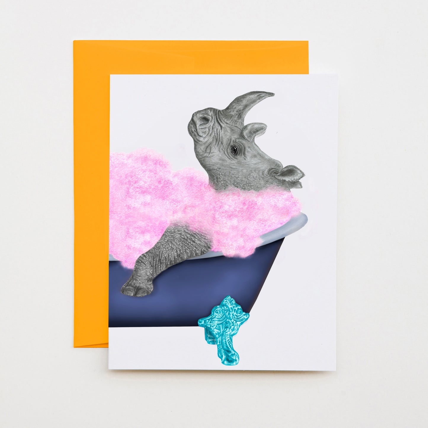 Hand-drawn pencil illustration of Delilah Jean Northern White Rhinoceros, Central & Gus A6 note card on cotton paper with goldenrod envelope