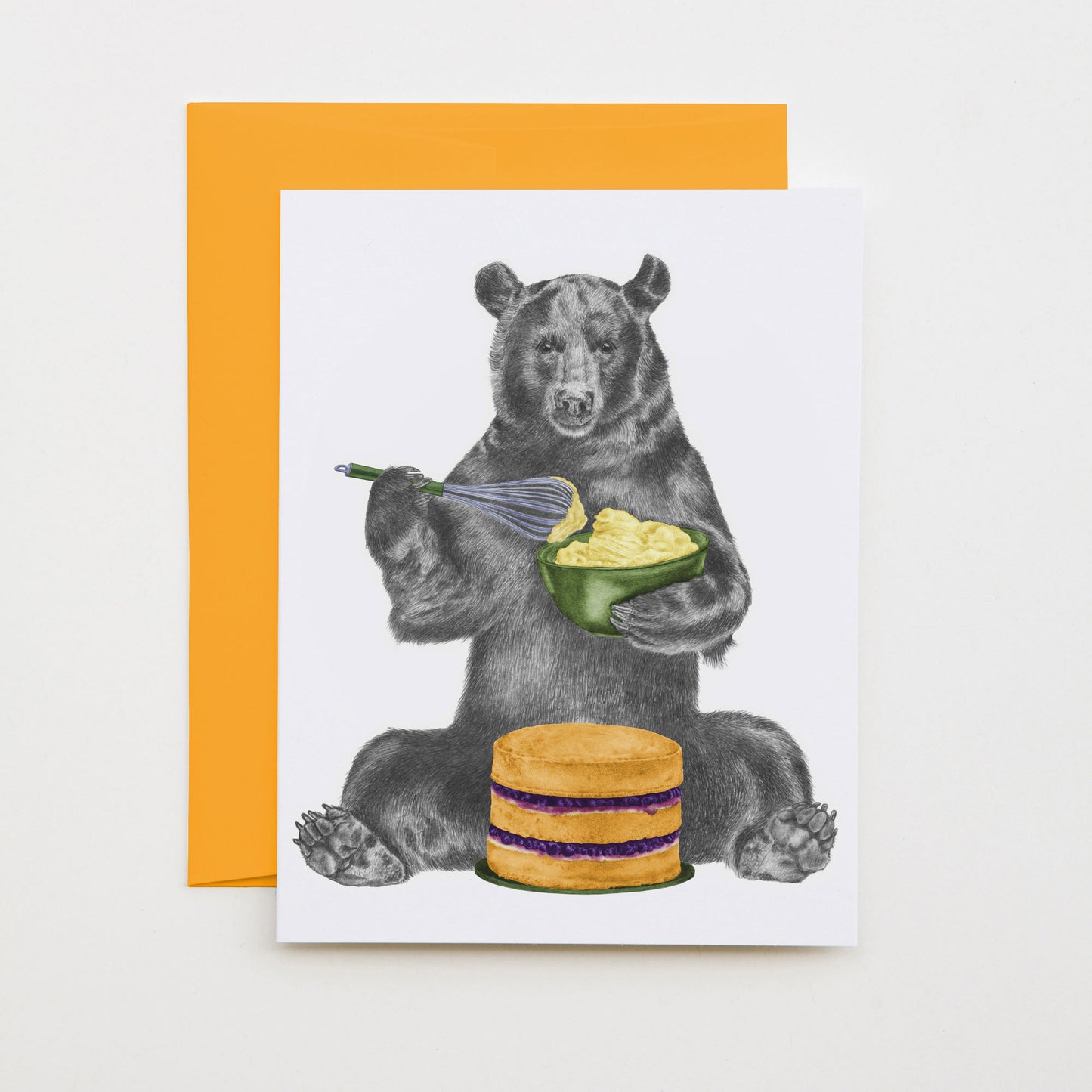 Hand-drawn pencil illustration of Eleanor Beauregard Black Bear, Central & Gus A6 note card on cotton paper with goldenrod envelope