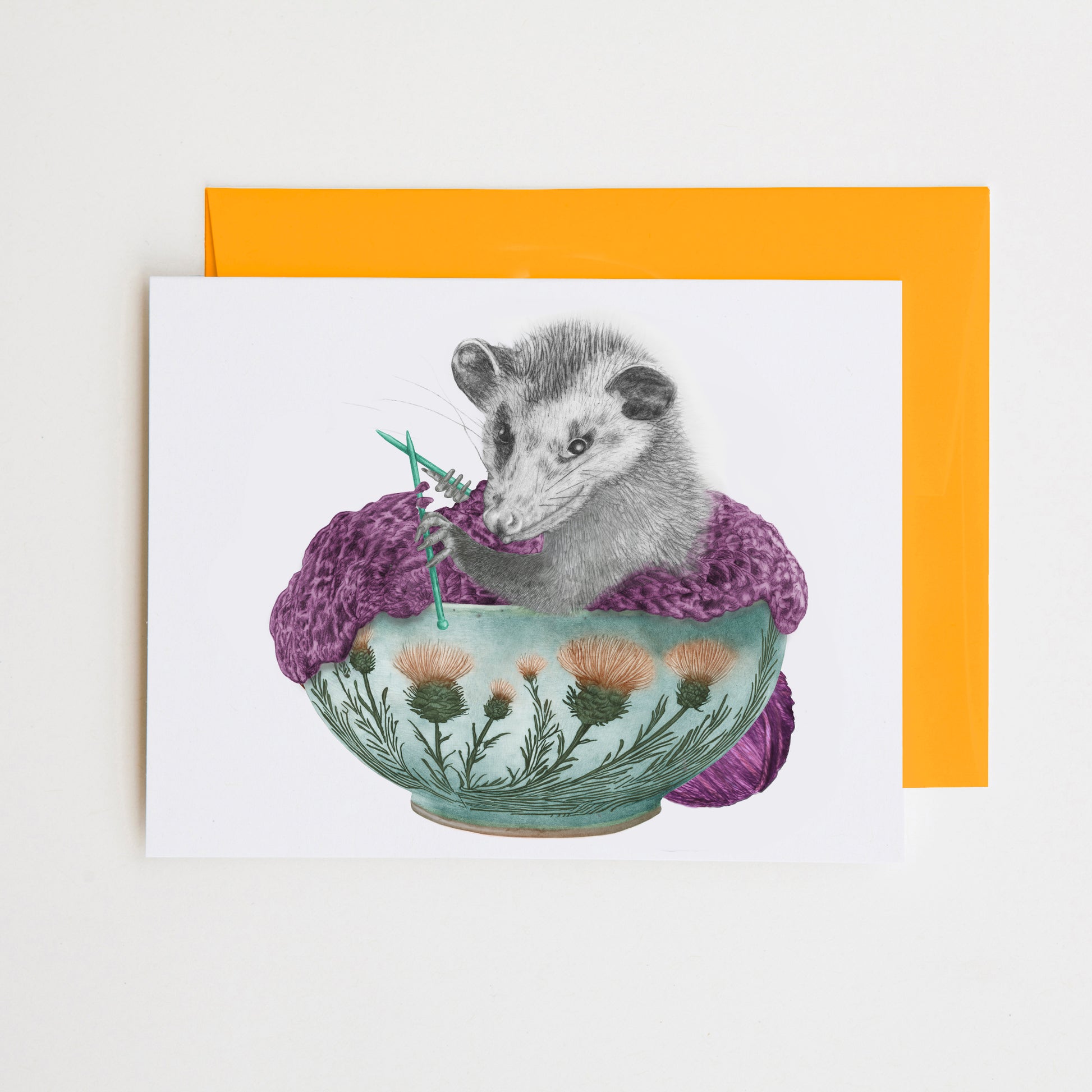 Hand-drawn pencil illustration of Fable Stover Opossum, Central & Gus A6 note card on cotton paper with goldenrod envelope
