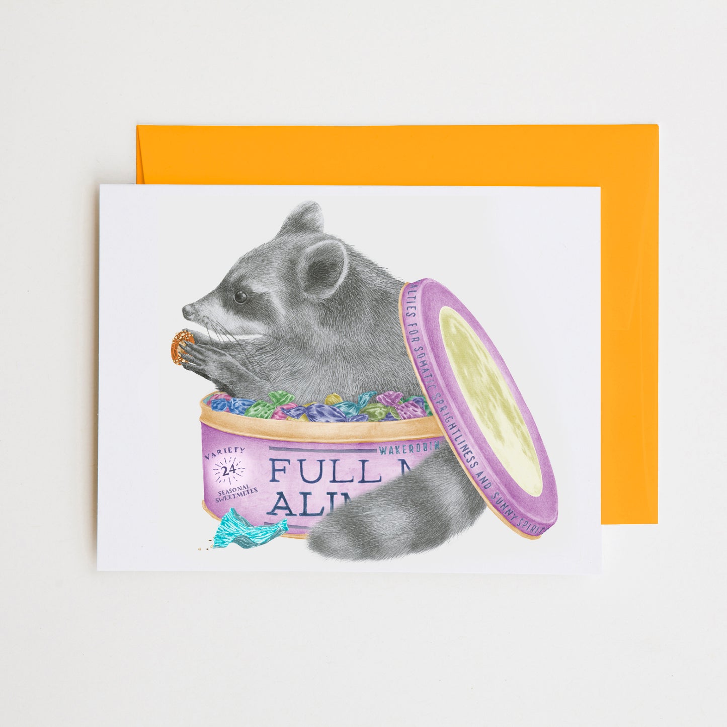 Hand-drawn pencil illustration of Fifito Thursday Raccoon, Central & Gus A6 note card on cotton paper with goldenrod envelope