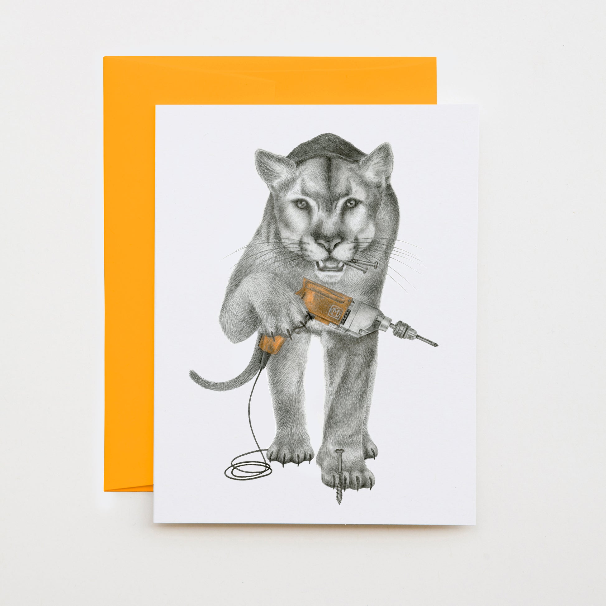 Hand-drawn pencil illustration of Fin Laramie Florida Panther, Central & Gus A6 note card on cotton paper with goldenrod envelope