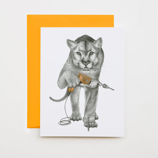 Hand-drawn pencil illustration of Fin Laramie Florida Panther, Central & Gus A6 note card on cotton paper with goldenrod envelope