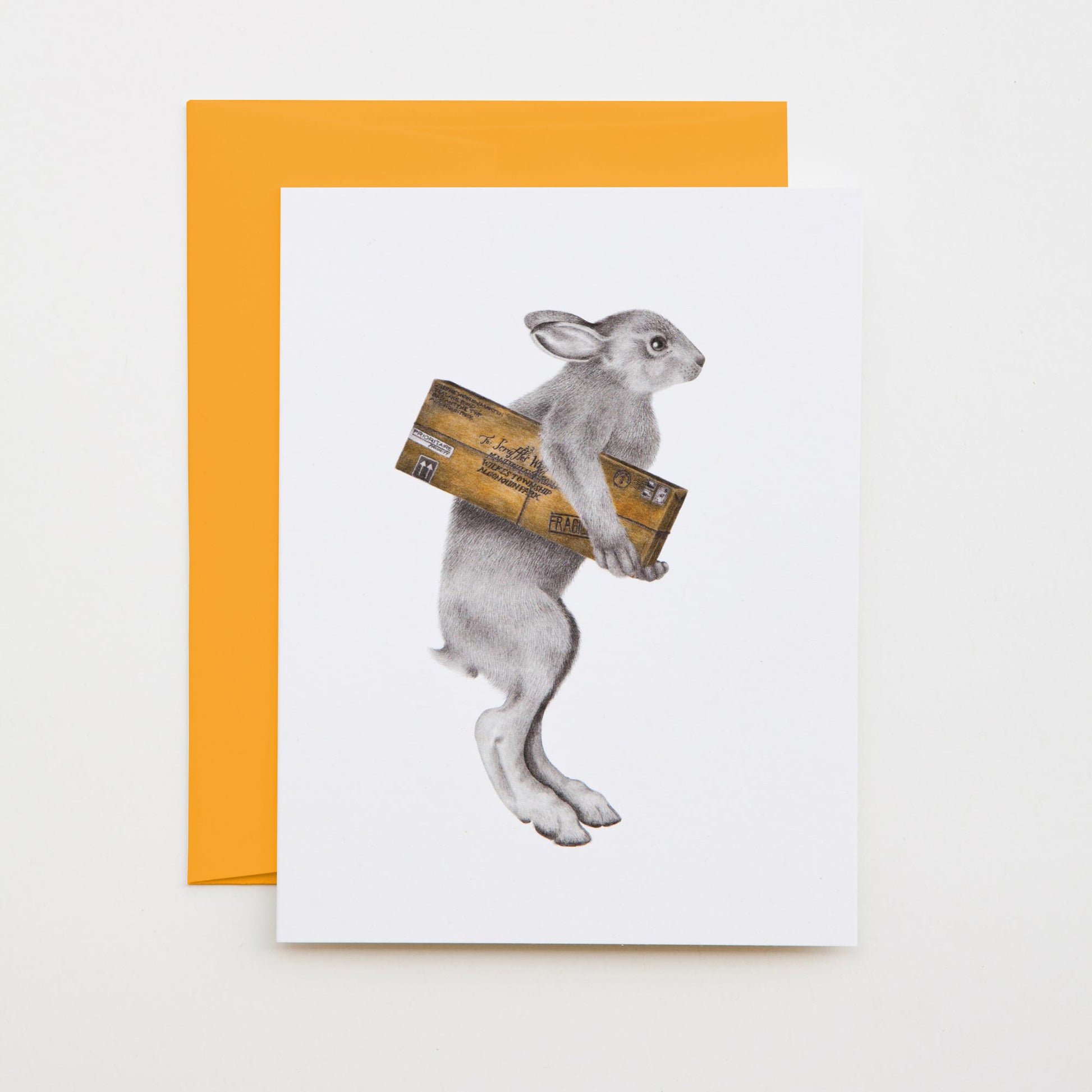 Hand-drawn pencil illustration of Florence Williamena Snowshoe Hare, Central & Gus A6 note card on cotton paper with goldenrod envelope