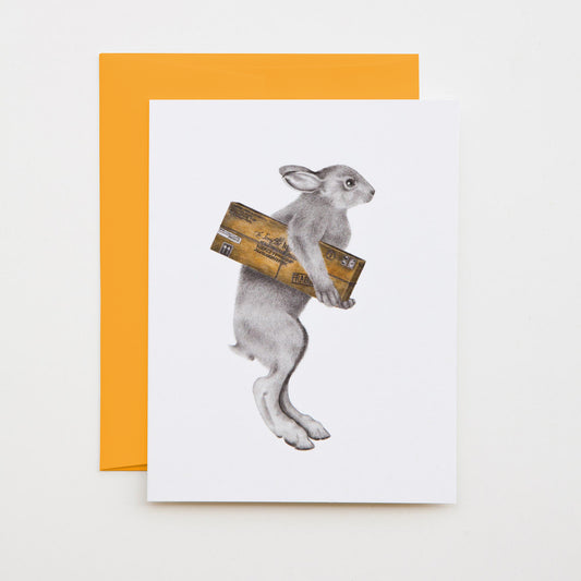 Hand-drawn pencil illustration of Florence Williamena Snowshoe Hare, Central & Gus A6 note card on cotton paper with goldenrod envelope